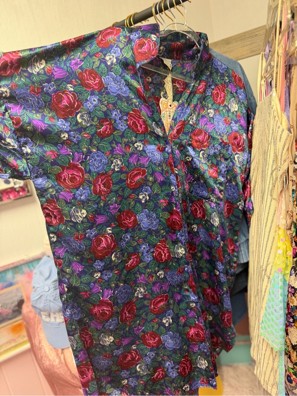 Vintage Men's Silk Casual Button-Down Shirt with Red & Blue Floral Print
